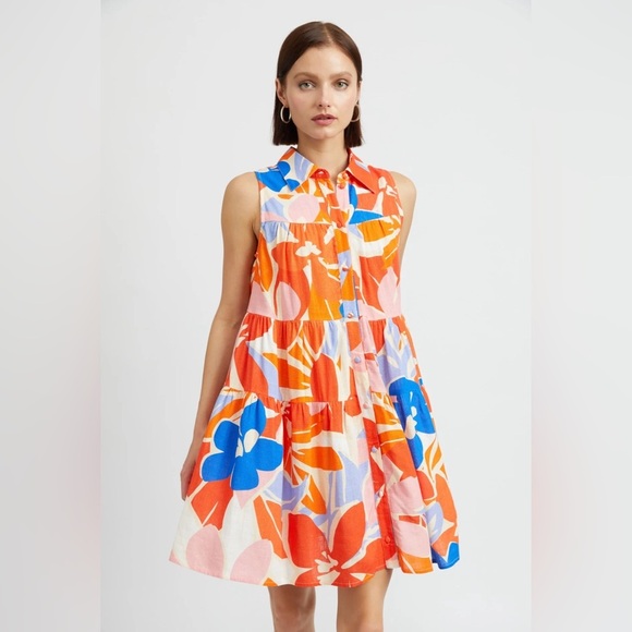 En Saison Indira Linen Sleeveless Mini Dress in Multi Print Size Small NWT - Picture 1 of 10